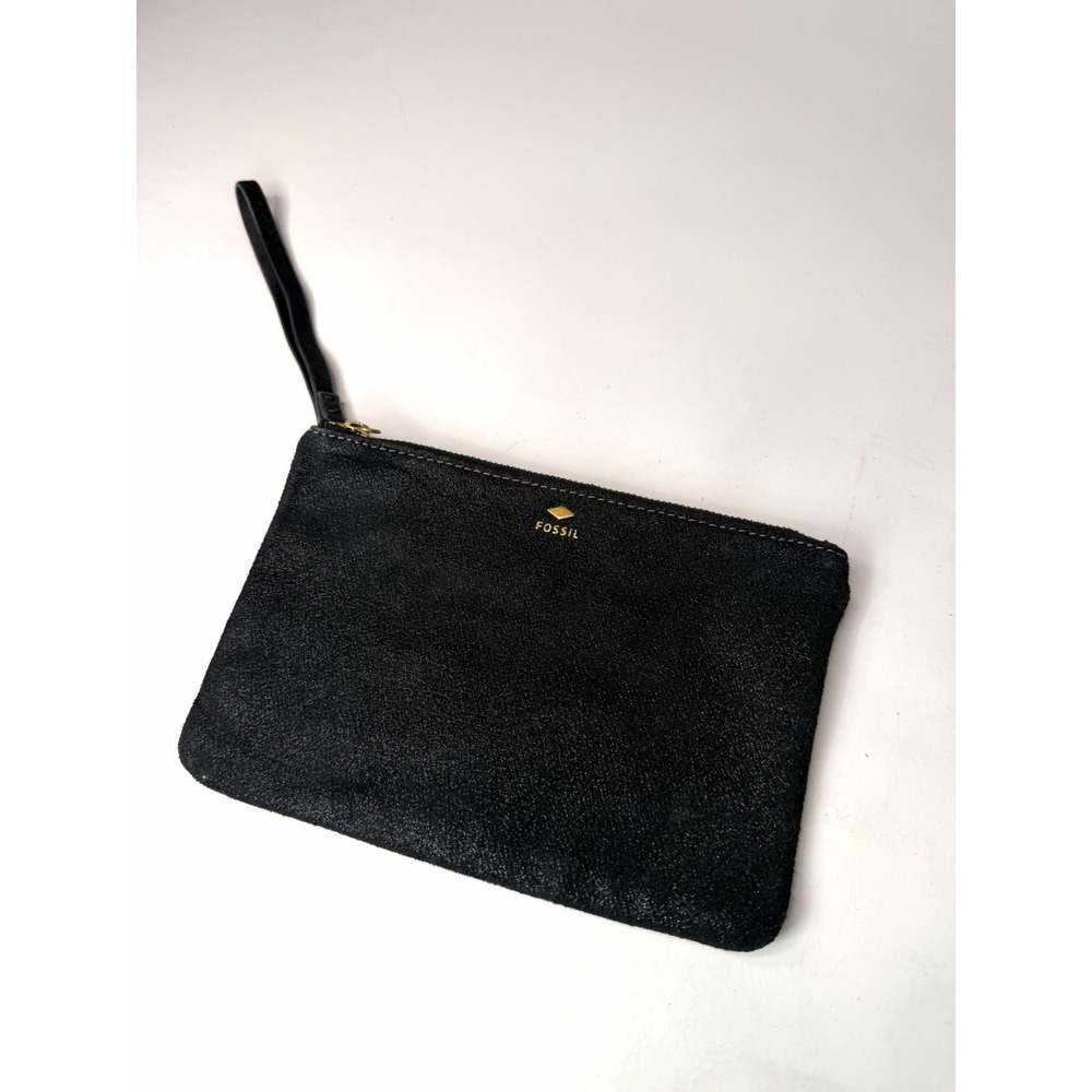 Fossil Black Leather Shimmery Suede Zip Around Wristlet Clutch